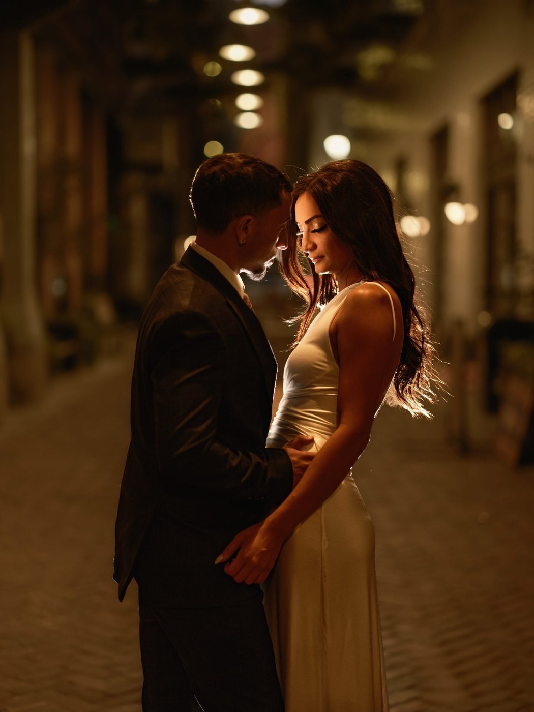 Downtown Detroit engagement at night