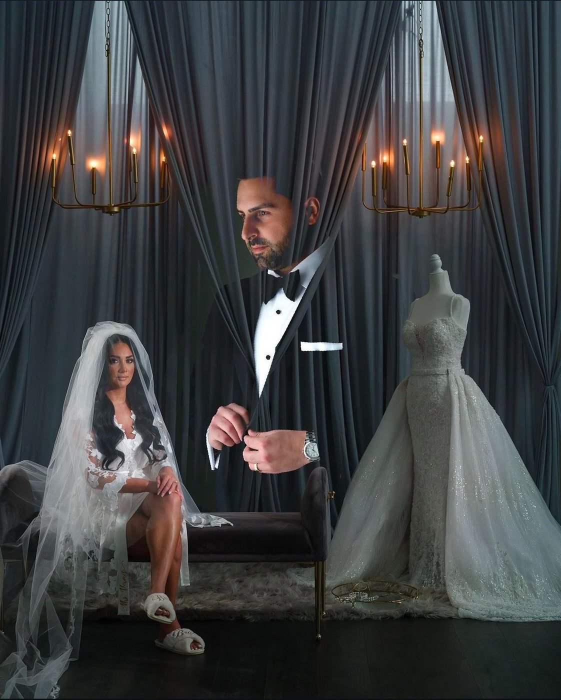 Editorial bridal scene in a draped studio
