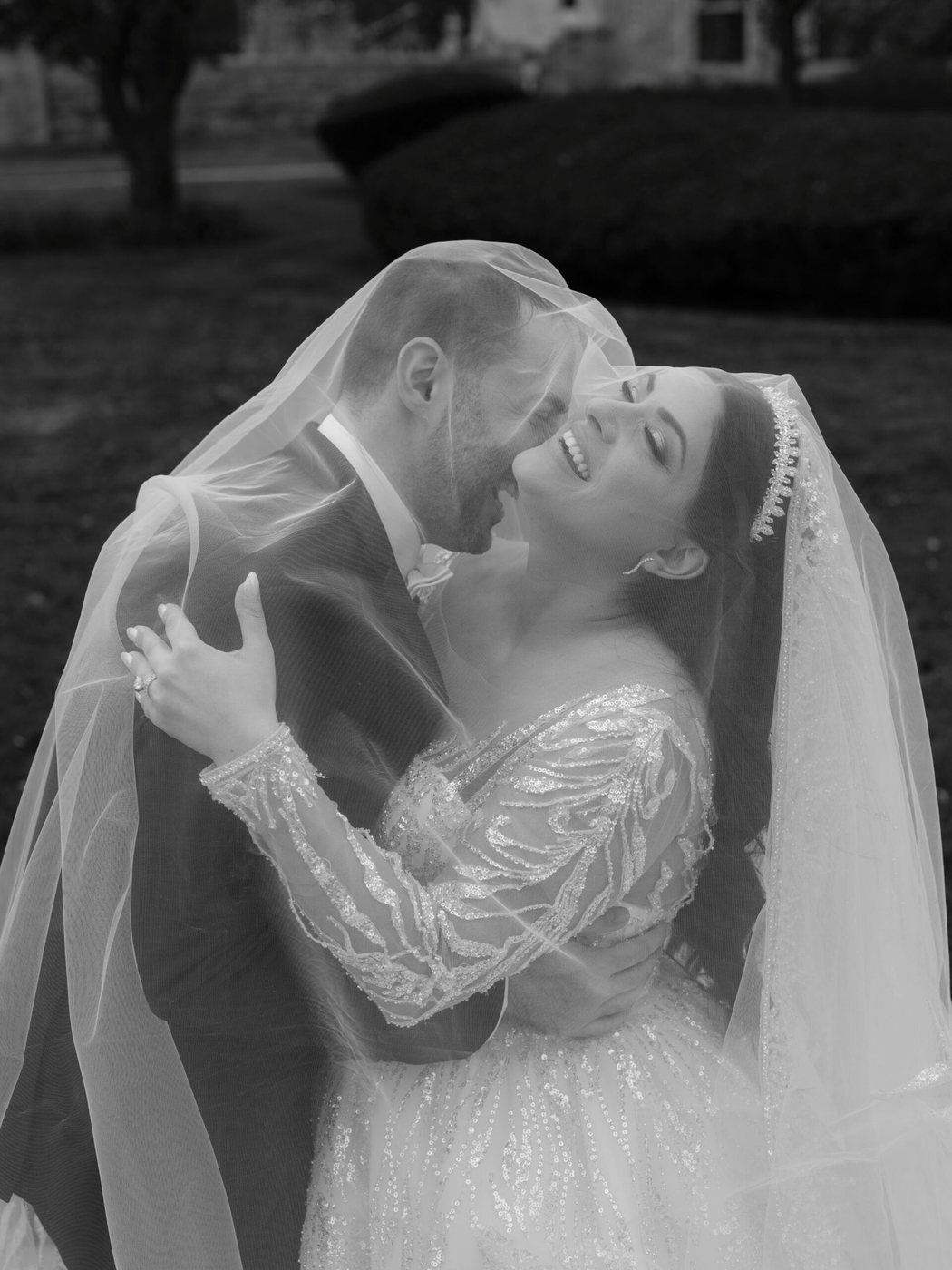 Romantic veil portrait, black and white